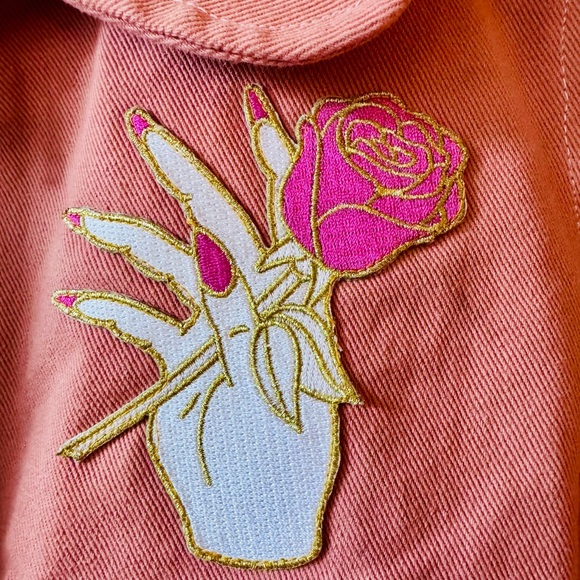 Big Bud Press | Peachy- Pink Bomber Jacket with Embroidered Rose sz SM - Picture 3 of 4